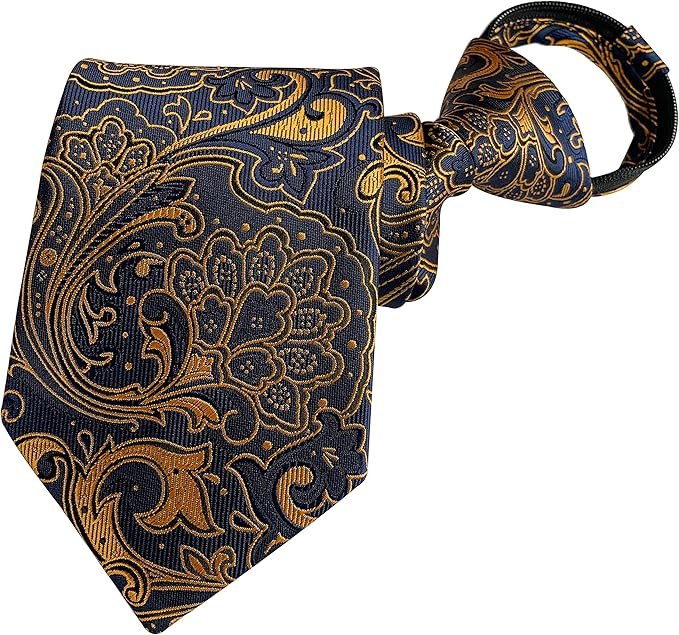 FASHION-TITONI-LLC Men's Pre-Tied Silk Zipper Tie Paisley Patterns Paisley Gold - B